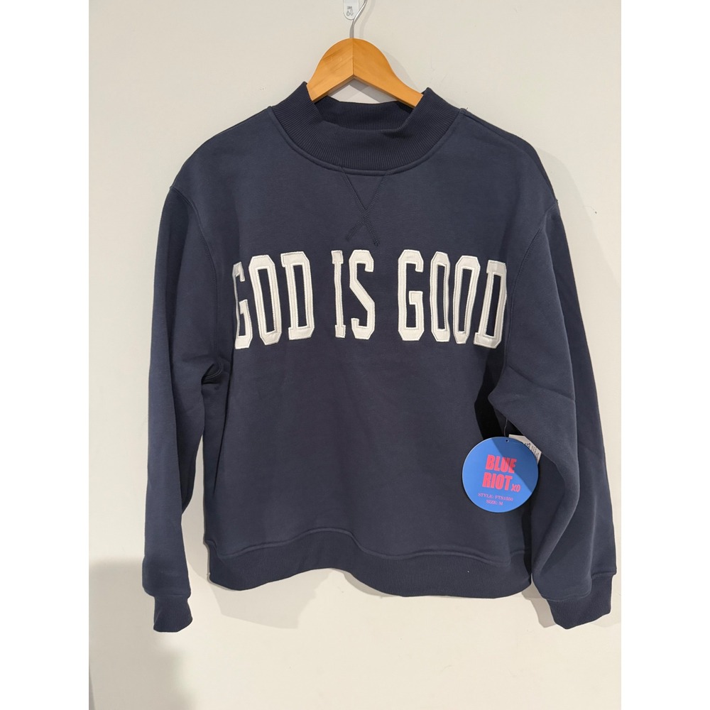 Blue Riot XO God Is Good Navy Blue Mock Neck Sweatshirt PTS1000 Womens Medium